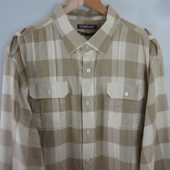 New Ecko Unltd Flannel Shirt Mens 3X Beige Plaid lS Cotton Button Front NWT - Picture 2 of 7